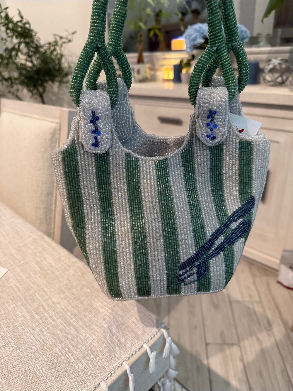 Beaded Green & White Striped Mini Bag with Fish Motif - Picture 2 of 2